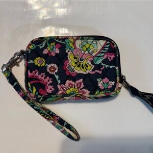 Vera Bradley Navy Blue and Pink Wallet with Floral Design and Wrist Strap